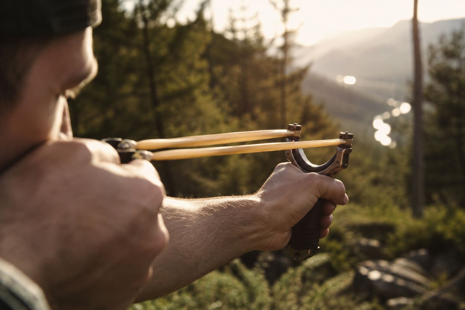 Pinpoint precision - aiming a slingshot outdoors